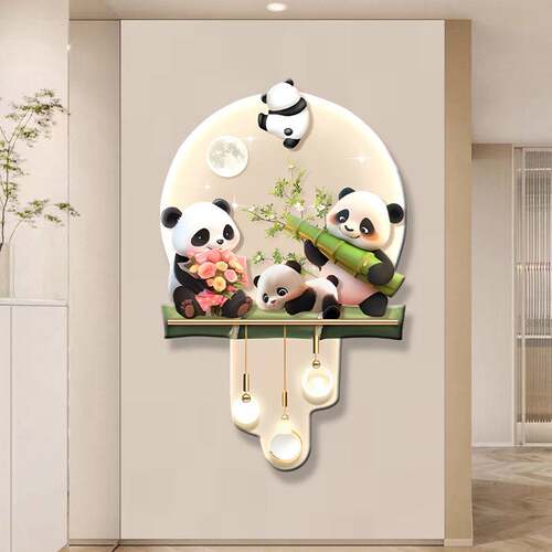 D218奶油风玄关装饰画创意熊猫高档入户走廊过道挂画温馨挂画