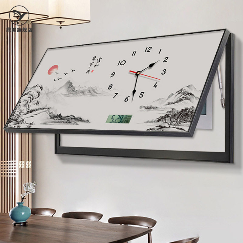 新中式餐厅钟表装饰画电子时钟家和万事兴客厅万年历挂钟山水挂画