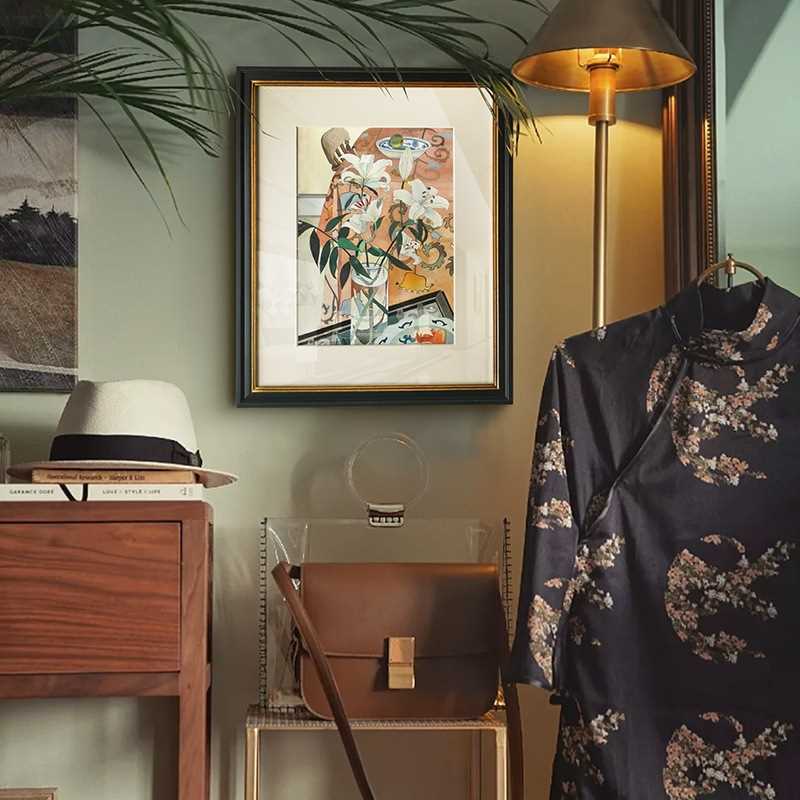 手绘水彩装饰画欧式轻奢餐厅花卉卧室挂画边柜摆画美式复古壁画