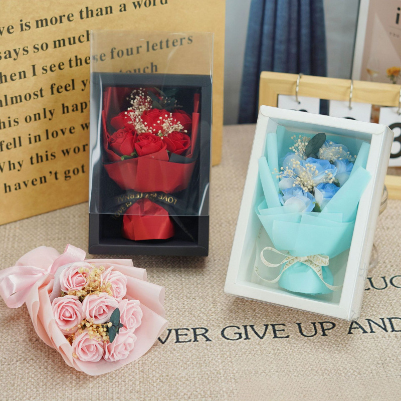 仿真玫瑰花7朵教师节七夕礼物装饰摆件花束创意玫瑰香皂花礼盒B