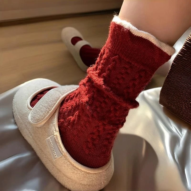 迷糊~麻花复古红新袜子颜色超正chao显白~软糯巨好穿厚款s