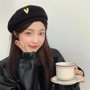 贝雷帽女秋冬百搭黑色ins八角帽子网红韩版日系英伦复古画家帽潮M