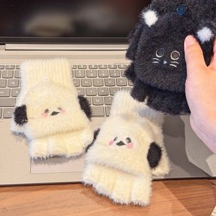 新款 仿兔毛保暖翻盖手套宝宝秋冬五指分指手套中童N 小猫小狗冬季