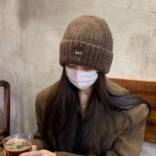 爱心刺绣毛线帽子女2025秋冬新款大头围针织帽大版型保暖护耳帽M