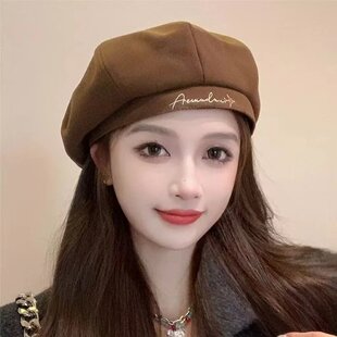 贝雷帽韩版冬新款刺绣ins英伦画家复古黑色百搭八角帽大头帽子M