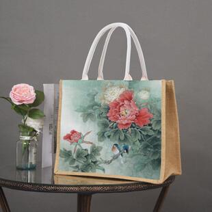 古风工笔手提麻布袋时尚环保亚麻袋子大号单肩黄麻布防水花购物袋
