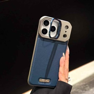 金属镜头支架素皮纹海军蓝适用iPhone17promax手机壳苹果16无边框15pm女款14plus创意13磁吸防摔12简约11高级
