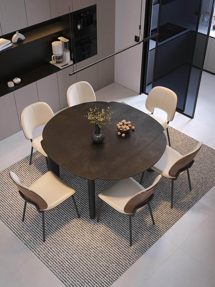 意式伸缩岩板餐桌家用小户型现代简约可变圆形餐桌椅组合方圆两用