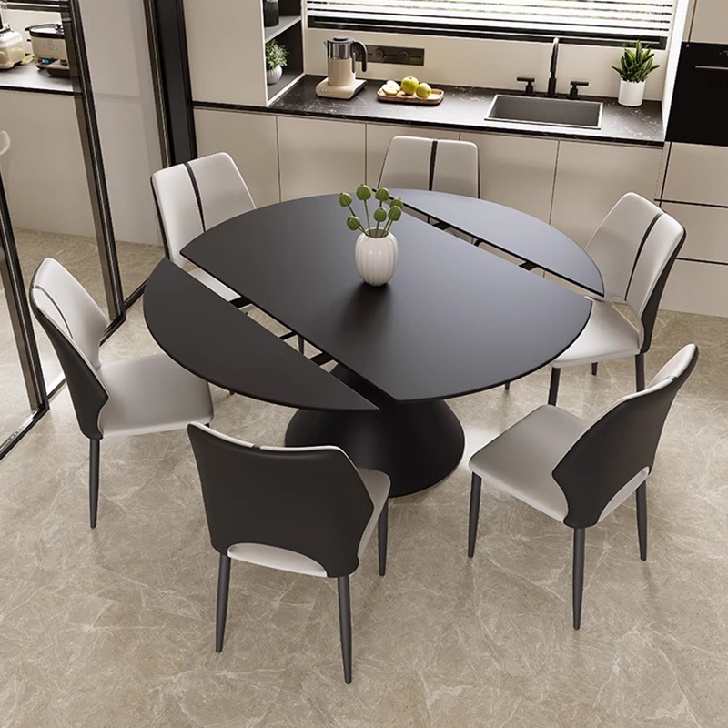 黑色岩板餐桌可变圆桌现代简约家用小户型方圆两用抽拉伸缩圆餐桌