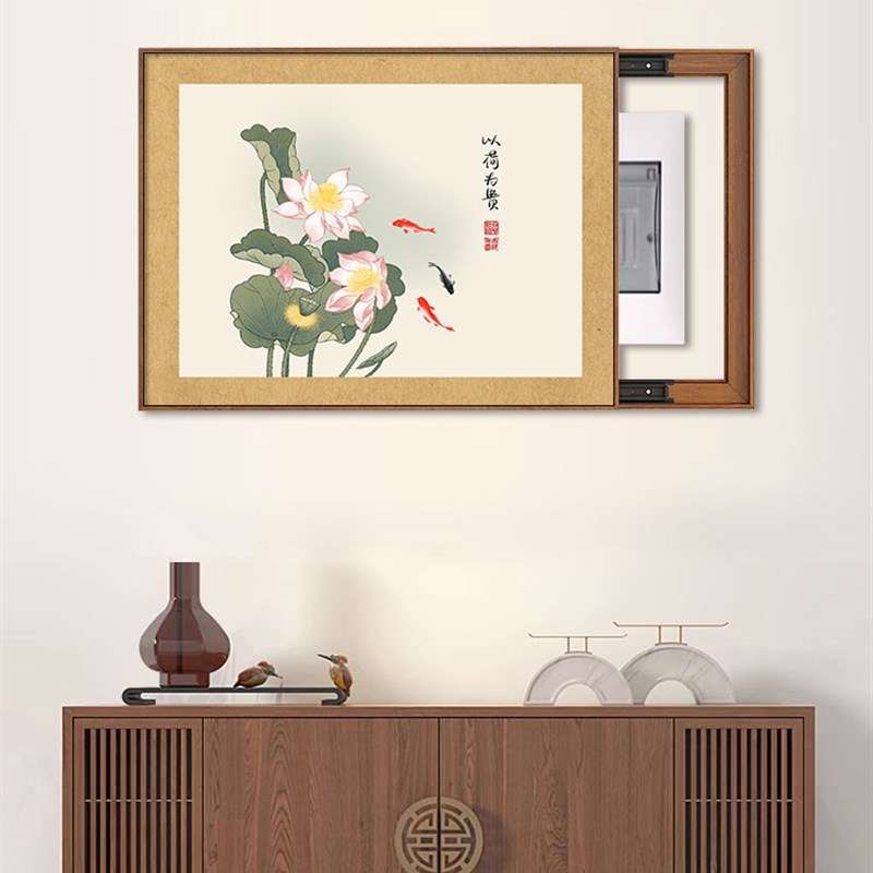 电表箱装饰画免打孔荷花新中式多媒体遮挡箱餐厅现代简约电闸盒画图片