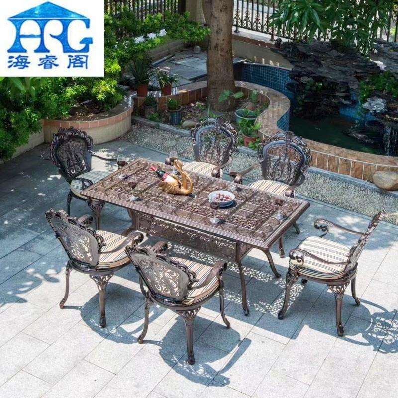 户外桌椅铸铝长桌庭院花园室外阳台休闲餐椅组合欧式露天防水家具