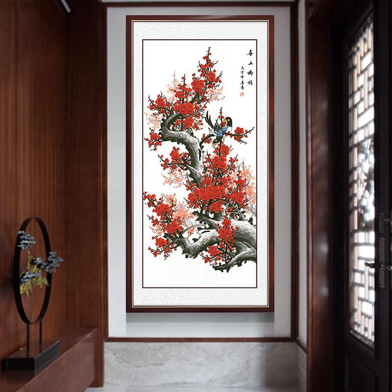 喜上梅梢新中式玄关装饰画墙画挂画走廊尽头壁画竖版风水招财过道