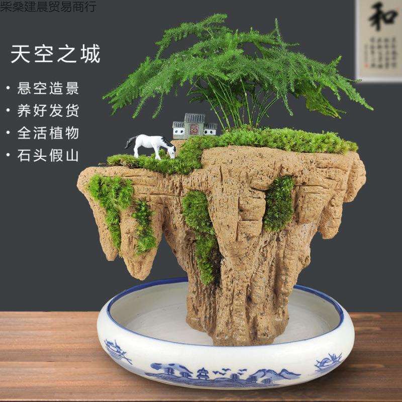 天空之城假山盆景奇石天然植物上水吸水造景石小流水绿植盆栽摆件