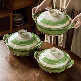实用陶瓷大砂锅复古风家用耐高温炖煮锅可明火餐具绿色带盖陶瓷锅