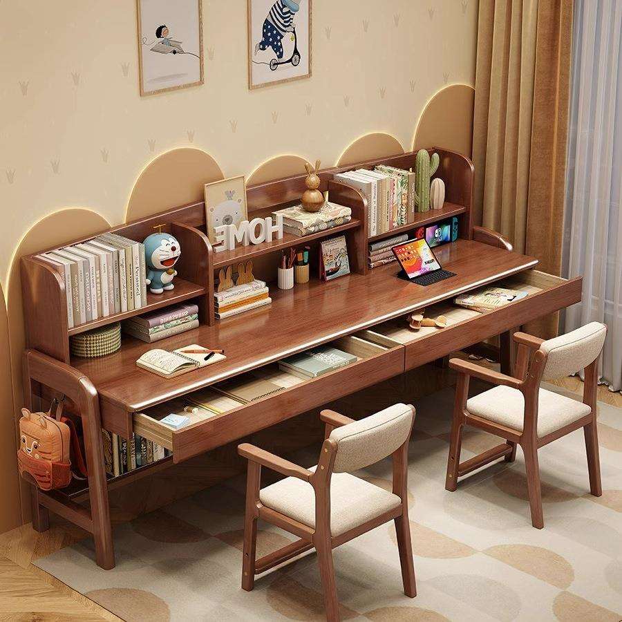实木书桌书架一体桌中小学生双人长书桌学习桌椅简约电脑桌写字桌