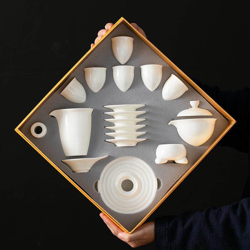 感恩有你茶具套装羊脂玉白瓷办公家用功夫盖碗陶瓷茶杯高端送礼