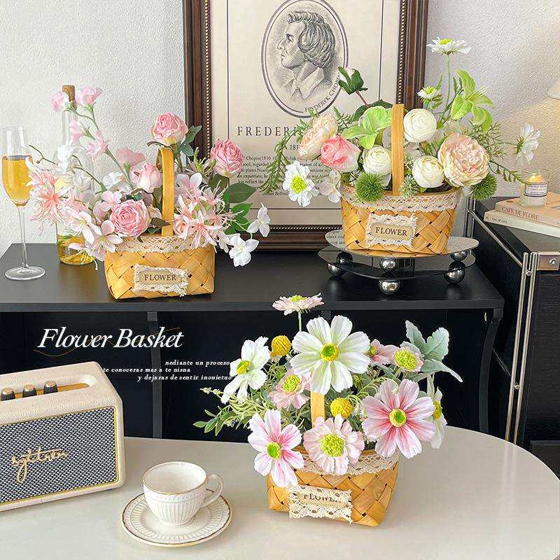 时尚蕾丝皮标编织花篮仿真花摆件客厅餐桌假花装饰野餐拍照道具篮