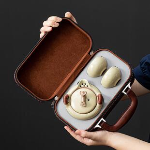 米黄汝窑旅行茶具套装便携式一壶两杯快客杯户外企业送礼泡茶LOGO