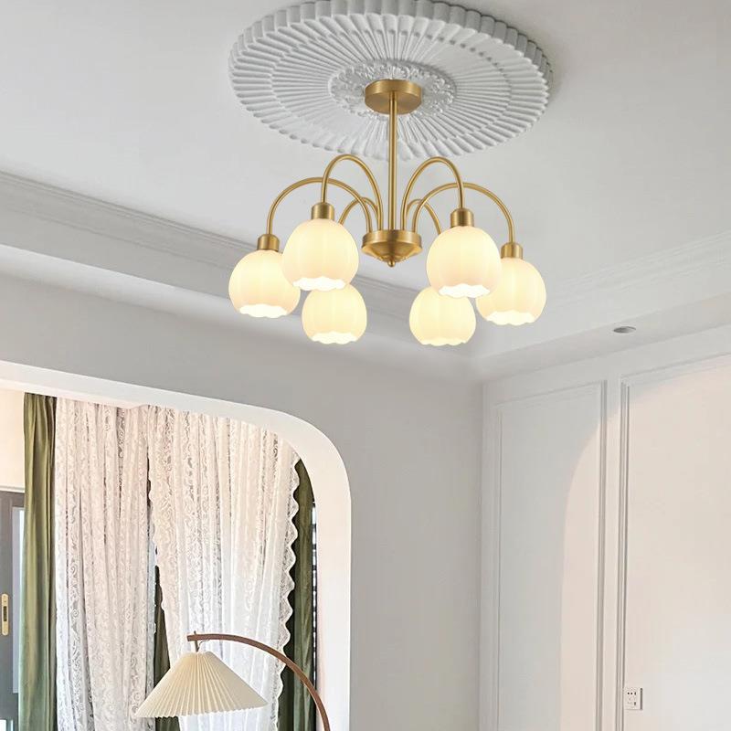 全铜奶油风南瓜铃兰花边卧室吊灯法式田园客厅美式乡村主卧餐厅灯