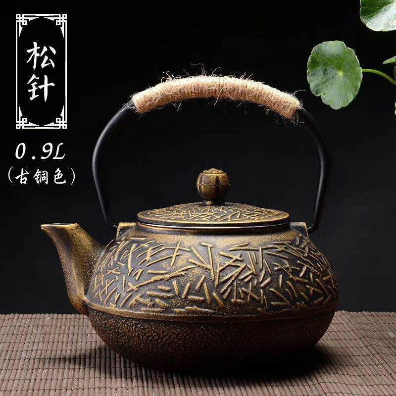 普通铸铁茶壶生铁壶铸铁茶壶牡丹纹茶壶茶具0.9L富贵纹铁壶铁把