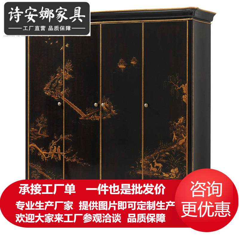 亚历山大英式别墅卧室家具古典黑色烤漆手绘衣柜山水画四门大衣橱