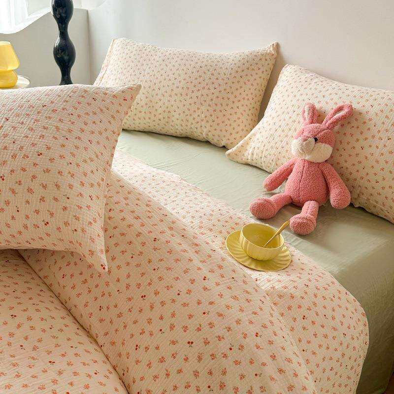 陌上花开A类美式田园风柔软皱皱双层纱全棉4件套小碎花纯棉被套