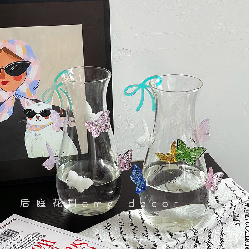 超美彩色手工立体蝴蝶花瓶水养鲜花小众桌面透明玻璃插花器摆件