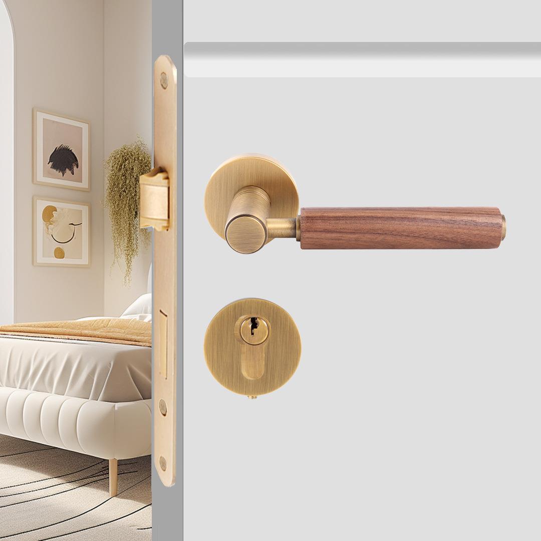 现代简约法式全铜分体门锁胡桃木全铜轻奢静音门锁室内房门锁