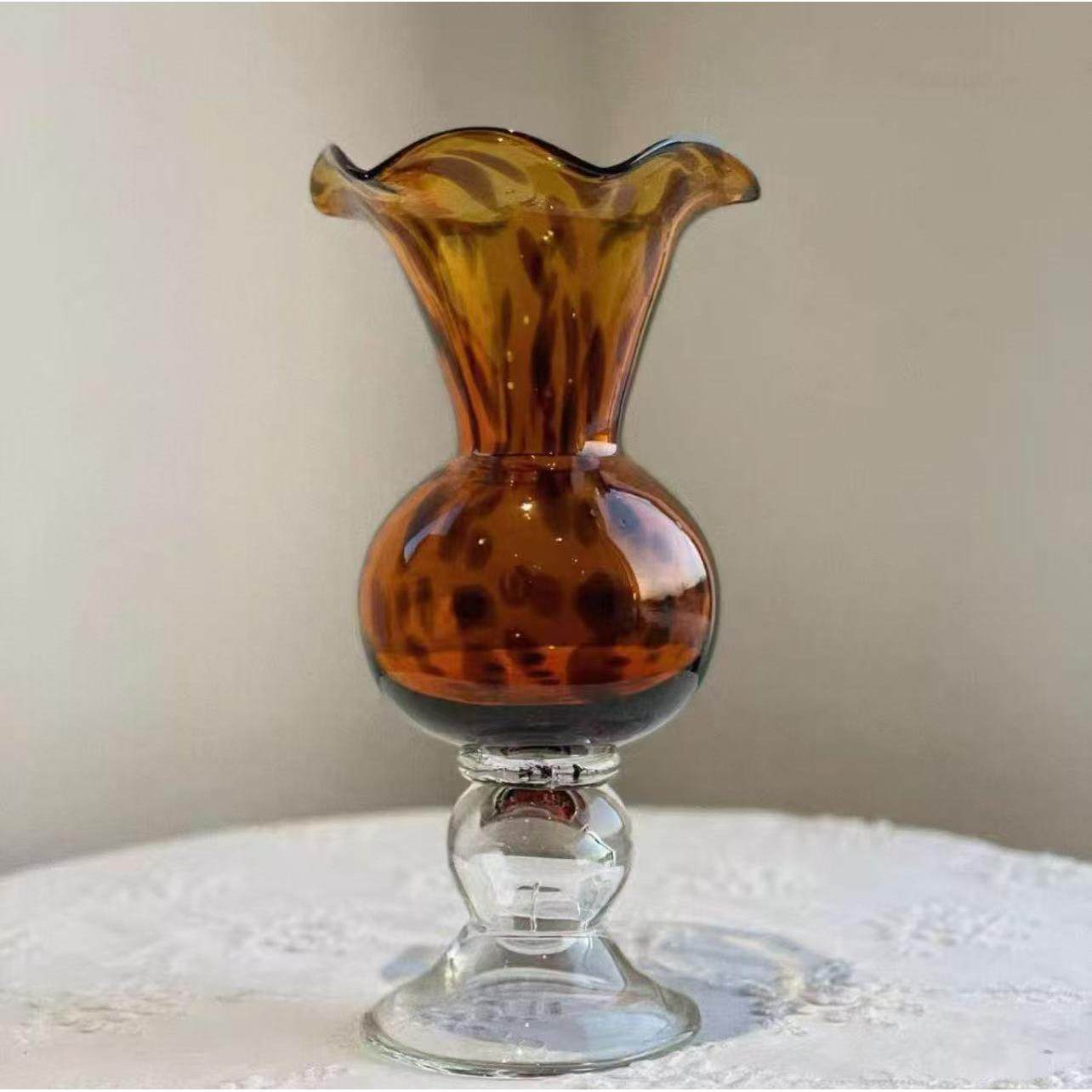 中古风玻璃花瓶客厅插花装饰摆件家居高级感高脚鲜花花器豹纹软装,机械设备,其他机械设备,淘宝优惠券,粉丝福利购,淘宝优惠卷