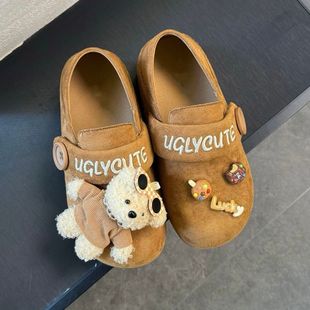 2026春秋可爱毛绒小熊内增高一脚蹬懒人卡通勃肯鞋半拖女童鞋子