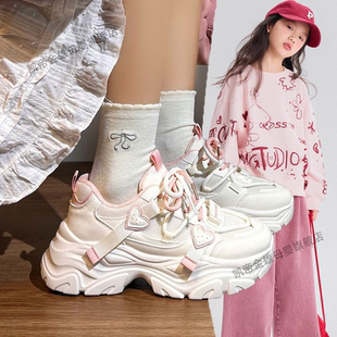 女童樱花粉厚底老爹鞋2026爆款时尚百搭小个子户外运动休闲鞋增高