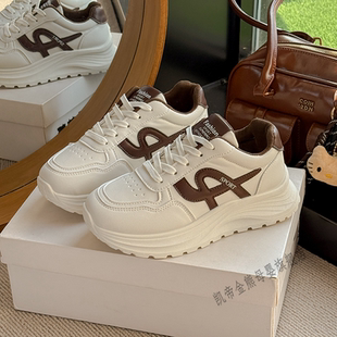 女款 女童鞋 2025新款 子休闲运动皮面老爹鞋 厚底增高防滑 春秋白色鞋