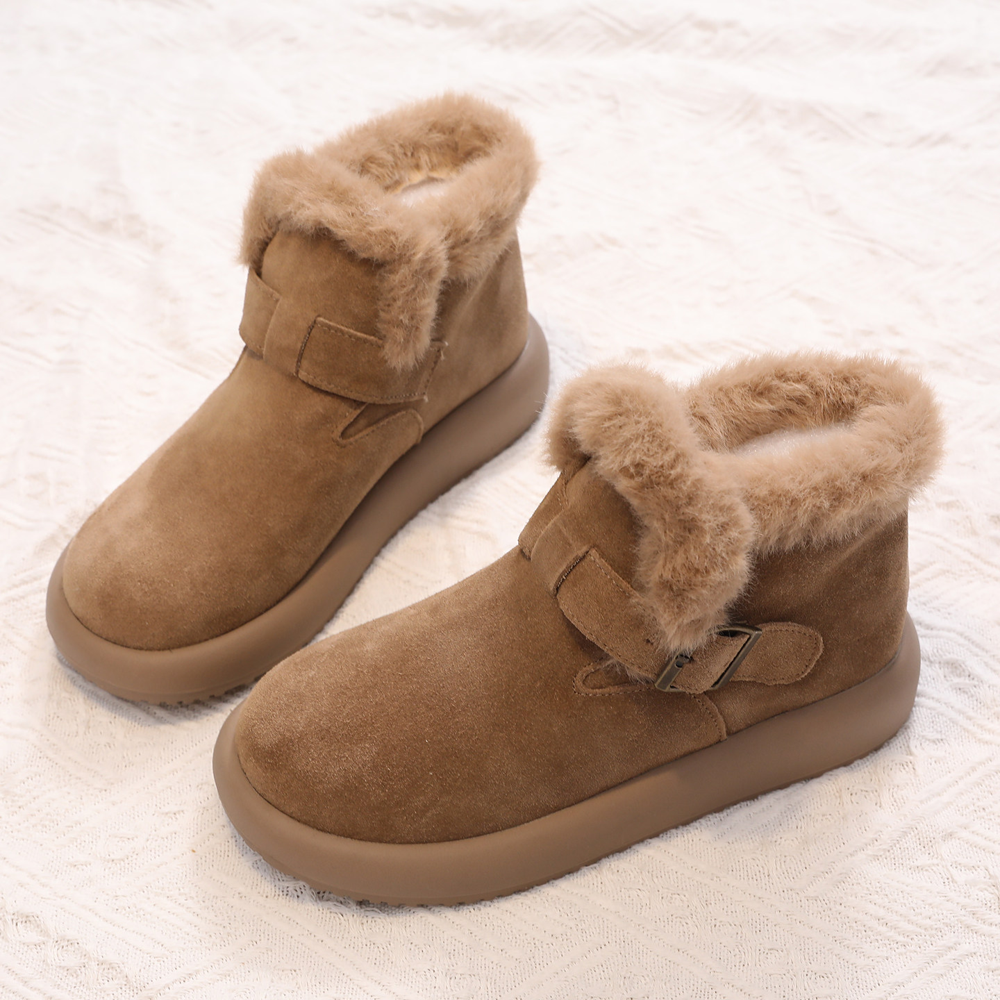 真皮雪地靴女冬季新款加绒鞋子加厚保暖棉鞋厚底增高短筒马丁靴女