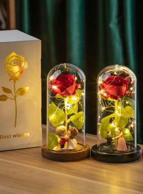 永生花绒布玫瑰花玻璃罩送女朋友送老师女神节妇女节礼物夜灯摆件