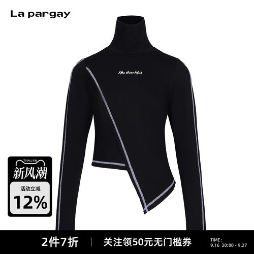 Lapargay修身高领撞色斜裁T恤
