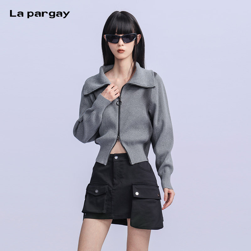 La Pargay/纳帕佳双拉链长袖立领收腰针织衫2025秋季新款保暖上衣