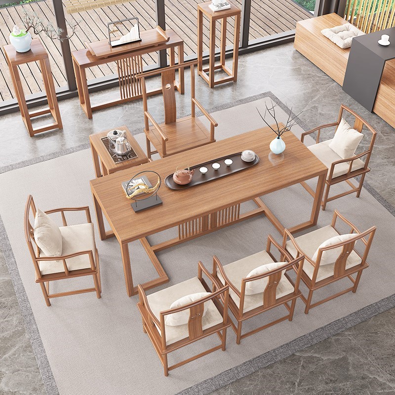 极速胡桃色新中式禅意泡茶桌简易实木H茶桌椅组合一体功夫小茶台