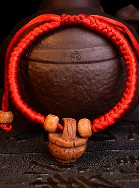 极速宝宝b红绳手链桃核雕刻桃篮桃木木雕手链女手工编织本命年红
