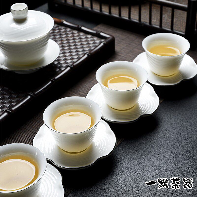 新品描金白瓷功夫盖碗茶杯t家用高端茶道茶艺精品羊脂玉茶具套装