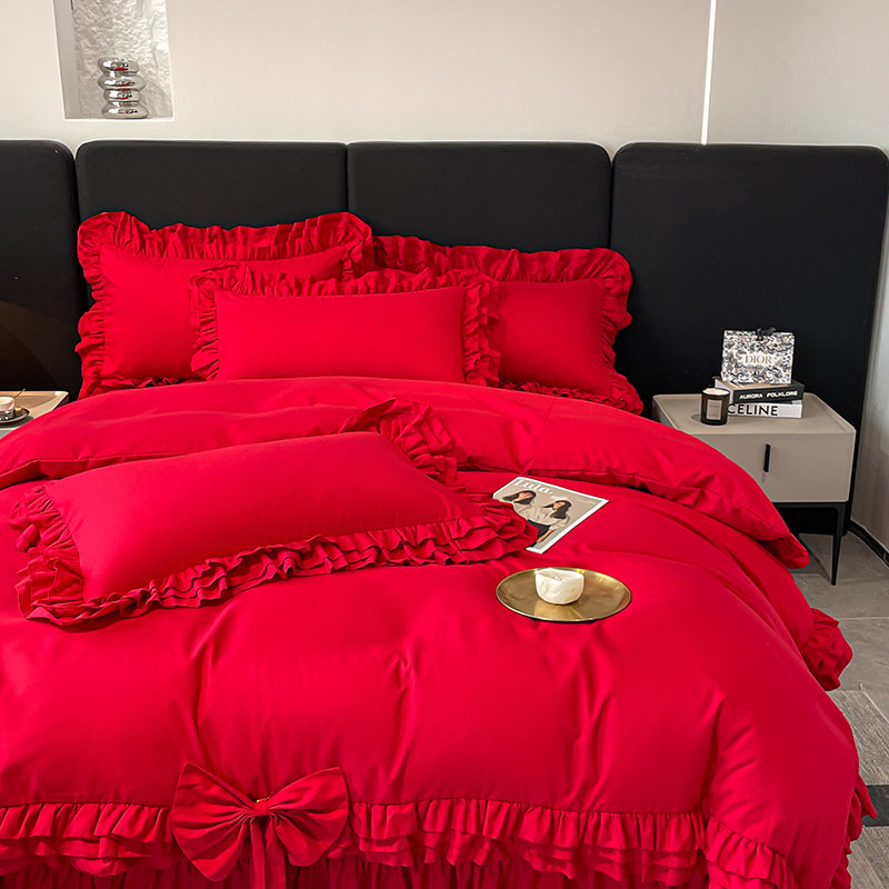 极速韩式大红色公主风四件套花边被套婚庆床上用品床单.被套结婚