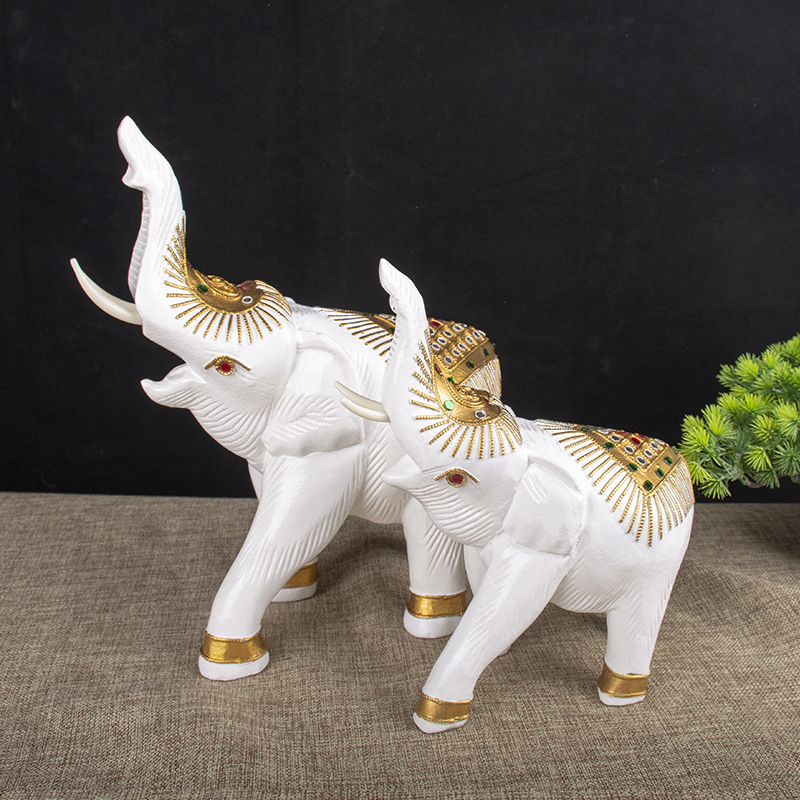 极速泰国实木白色金箔大象桌面摆件东南亚酒O柜电视柜木雕吉祥小