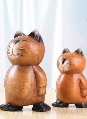 极速泰国进口东南亚风格实木可z爱小猫木雕家居摆件桌面装饰小猫