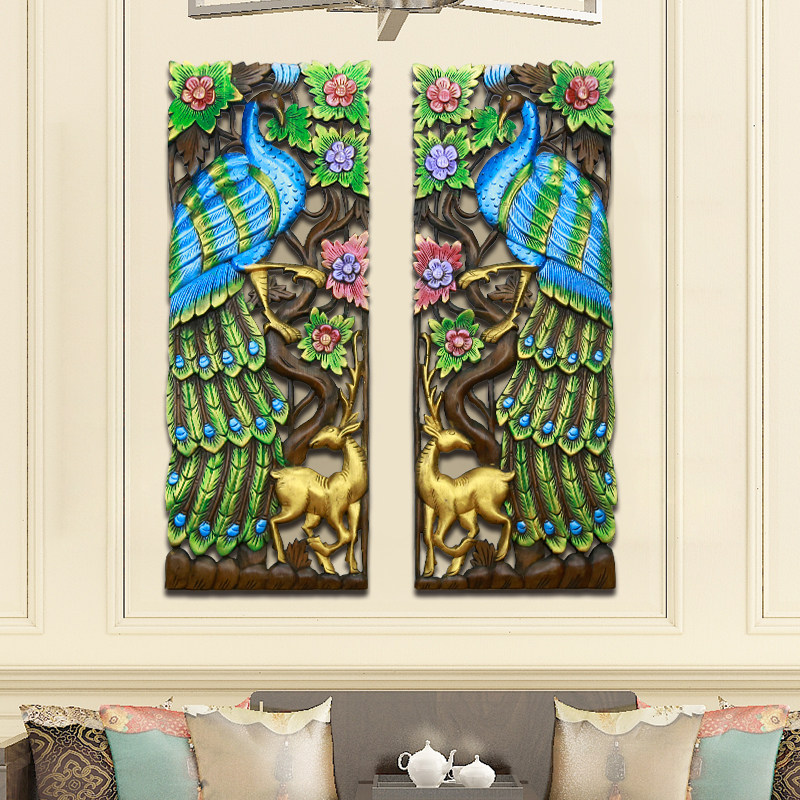 极速泰国玄关实木孔雀浮雕挂x板柚木雕花板壁饰墙上装饰品客厅墙