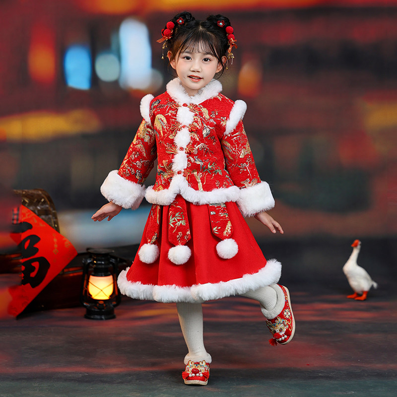 女童拜年服唐装加绒加厚春节汉服唐装