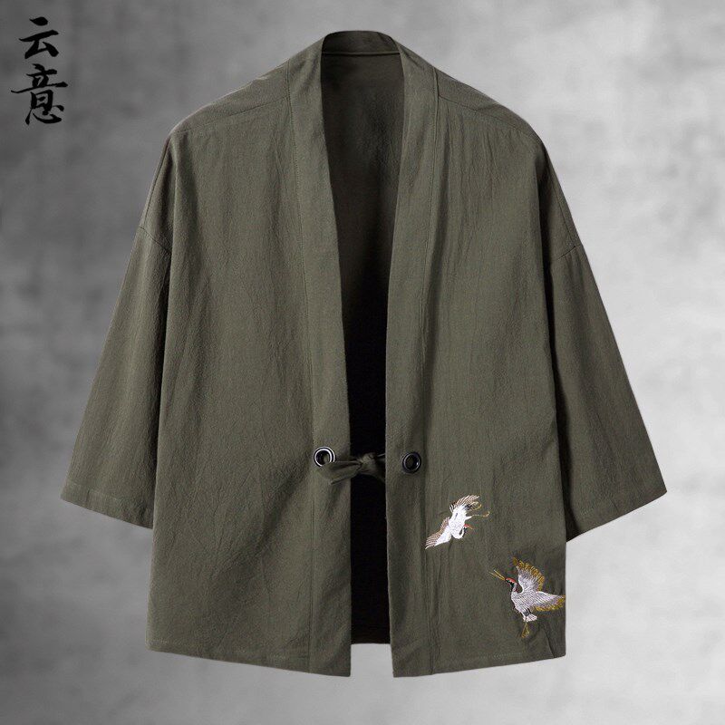 极速中式仙鹤刺绣汉服男装夏季中国风道袍道服古风V茶禅服唐装外