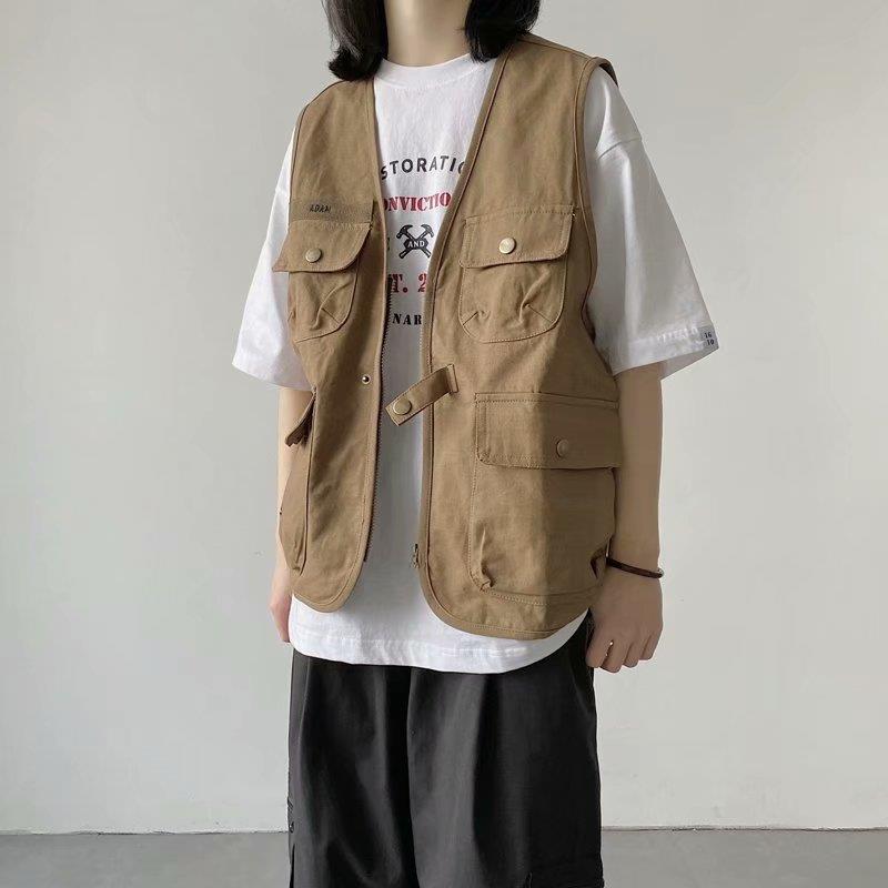夏季新款美式高街复古多口袋工装马甲女情侣无袖背心马夹坎肩外套