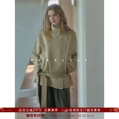 ONEELABS原创品牌 甄选100羊毛双面呢 立领防风系腰带毛呢外套女