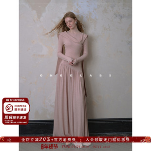 ONEELABS原创品牌 设计感镂空飘带粉色针织连衣裙女春冬打底长裙