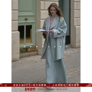 ONEELABS原创品牌 可两面穿 绵羊毛双面呢大衣女秋冬蓝色毛呢外套