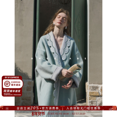 ONEELABS原创品牌 可两面穿 100%绵羊毛绣花领轻奢蓝色双面呢大衣